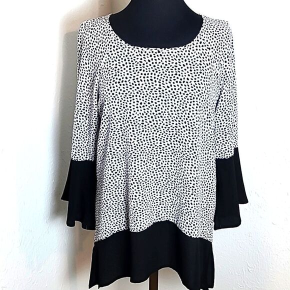 Grey & Gray Tops - Grey & Gray Black & White Dot Blouse with Solid Black Trim, Size Medium